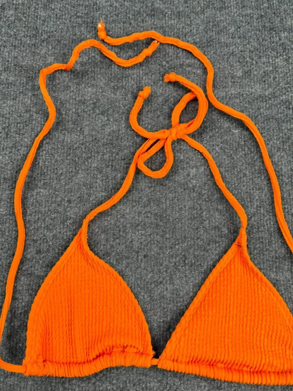 Orange Textured Triangle Bikini Top No size tag measurements M/L pads missing.